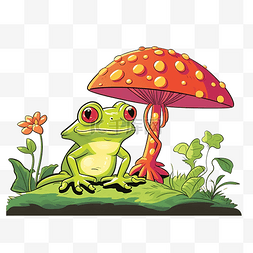 夏天树图片_青蛙坐在蘑菇上躲避烈日的卡通片