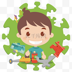 商清洁工具图片_加上男孩与玩具和工具拼图卡通的