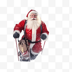 圣诞老人滑雪穿过白雪皑皑的冬季