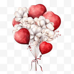 棉花背景图片_水彩花束气球和棉花花心形红气球