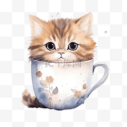 可爱小动物水彩图片_可爱的猫在杯子里只显示脸与可爱