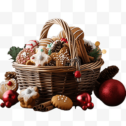 木桌上装饰篮里的圣诞糖果和礼物