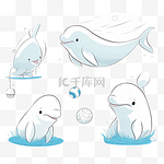 一组有趣的白鲸画着一幅玩条纹球和潜水的卡通画