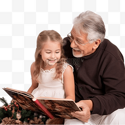 家庭相册psd图片_有祖父的女孩看着圣诞树附近的相
