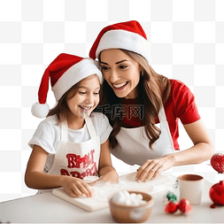 戴着圣诞帽的母女一家人在厨房里