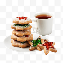 红色的星图片_浓缩咖啡和一堆圣诞星饼干，上面