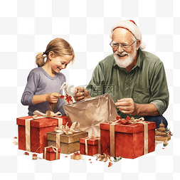 男孩和爷爷图片_家庭祖父和孙子打包圣诞礼物