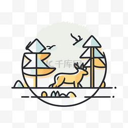 鹿和森林的线条设计徽章 向量