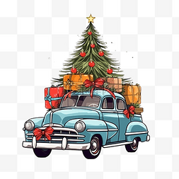 圣诞雪老人图片_圣诞复古车装饰满圣诞树和礼物
