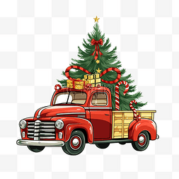 汽车老爷车图片_圣诞复古车装饰满圣诞树和礼物