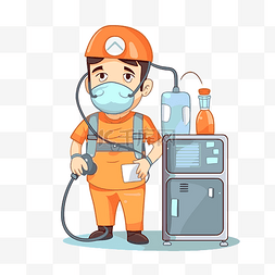卡通液体容器图片_身穿橙色制服的工人站在装有液体