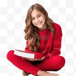 谦虚朴实图片_穿着红色冬季毛衣的迷人谦虚女孩