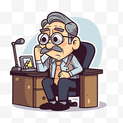 办公贴图片_坐在办公桌前的动画卡通老老板剪