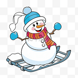 球门手套图片_概述了骑在雪橇上的快乐雪人卡通