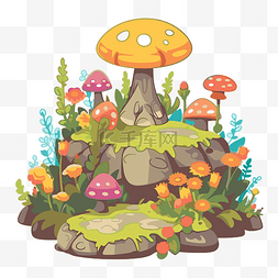 蘑菇和花图片_卡通插图中的花园剪贴画野生蘑菇