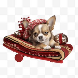 宠物圣诞节图片_吉娃娃躺着，戴着帽子和雪橇过圣