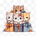 一群可爱俏皮的小猫猫寻求隐藏在圣诞礼品盒卡通手绘涂鸦