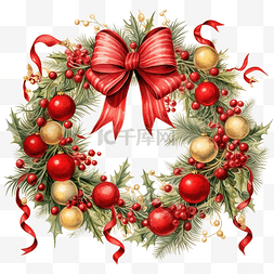 节日红丝带装饰图片_用圣诞花环装饰的插图