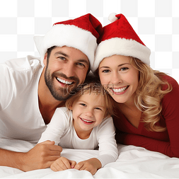 人床图片_圣诞节一家人戴着红帽子躺在白色