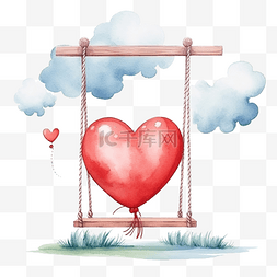 熱氣球图片_可爱的心形气球与木秋千水彩卡通