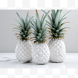 菠萝三个菠萝图片_柜台上三个白菠萝的 3D 插图