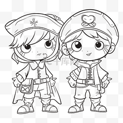 两个穿着服装的海盗儿童着色页轮