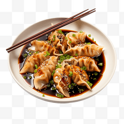 一盘午餐肉图片_黑盘酱油和筷子上的饺子食品