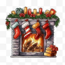 新年新家图片_用蜡烛和袜子装饰的圣诞壁炉新年