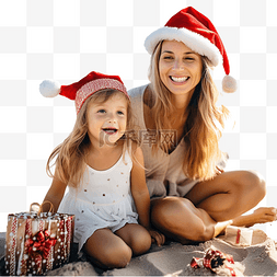 人潮人海中图片_妈妈和女儿在海滩上庆祝圣诞节很