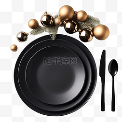 黑色盘子和带有圣诞装饰的老式餐