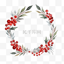 圣诞水彩叶花环图片_水彩圣诞松叶红浆果，带红丝带花