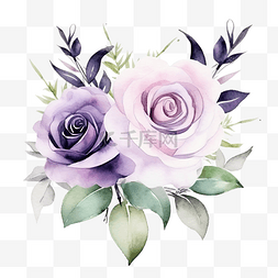 紫色水彩和手图片_白色和紫色玫瑰水彩花束带叶子