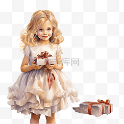 小女孩的礼物图片_圣诞树旁穿着优雅公主裙的快乐小