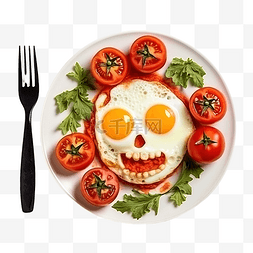 美味的煎鸡蛋图片_头骨形状的煎鸡蛋和新鲜西红柿