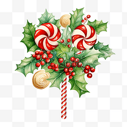 小装饰小玩意图片_圣诞冬青花环与棒棒糖水彩插图