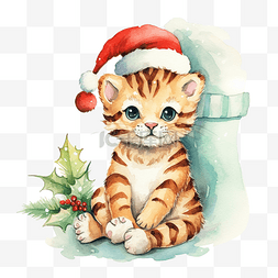 圣诞树插图图片_手绘水彩插图与可爱的老虎和圣诞