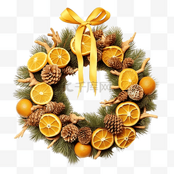 金色圣诞松树图片_圣诞花环，干柠檬，杉树和球