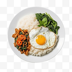 炒罗勒配煎鸡蛋和米饭泰国菜