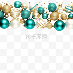 圣诞饰品装饰素材图片_绿松石和金色圣诞饰品边框白色