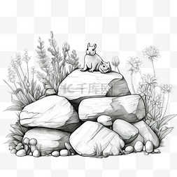 动植物小元素图片_岩石石头卡通铅笔画风格花园里的