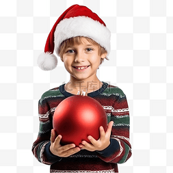 抱着球的男孩图片_一个戴着圣诞老人帽子拿着圣诞树