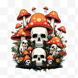 万圣节蘑菇与卡通头骨