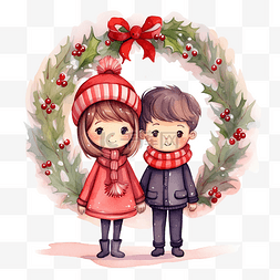情侣家庭图片_可爱的卡通情侣和装饰花环的圣诞