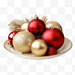 盘子上的红色和金色圣诞球