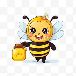 可爱的蜜蜂携带蜜罐和有机蜂蜜瓶