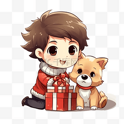 给朋友送礼物图片_卡通可爱的圣诞男孩给狗送礼物矢