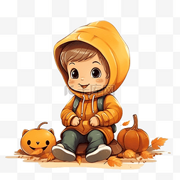 秋季童图片_穿着夹克的可爱宝宝坐在秋季森林