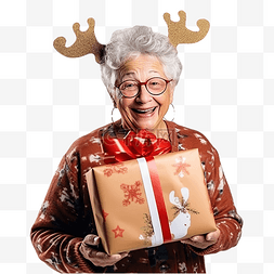 养老金图片图片_奶奶戴着鹿圣诞帽，手里拿着圣诞