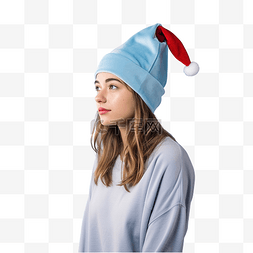 戴蓝帽子图片_戴着圣诞帽戴着孤立蓝色的女孩站