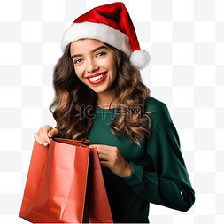 圣诞帽绿色图片_戴着圣诞帽和购物袋的女孩在孤立